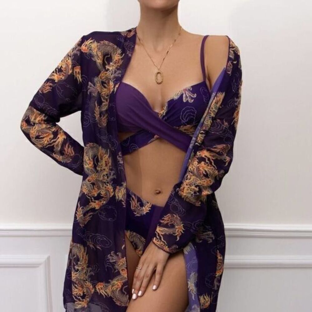 3pack Chinese Dragon Wrap Bikini Swimsuit & Kimono